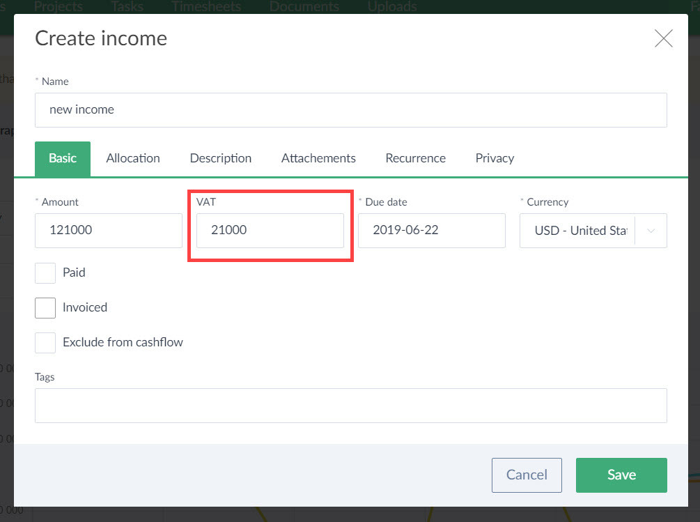 track VAT in cashflow - an income
