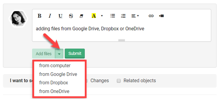 You can upload files from external storage like Google Drive, Dropbox or OneDrive